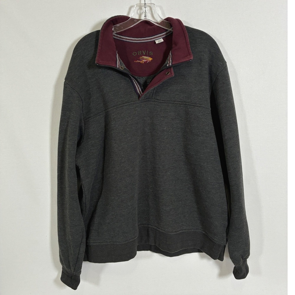 Orvis Mens XL Charcoal Gray Burgundy Quarter Zip Fleece Pullover Sweatshirt
